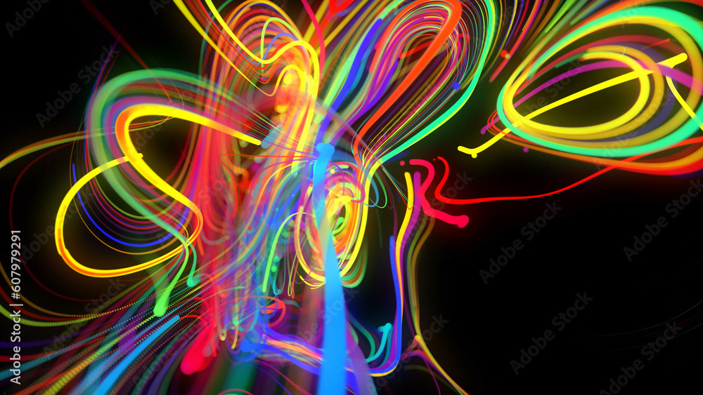 Poster abstract background glow lines or light streaks. running lights particles form in 3d space glowing b
