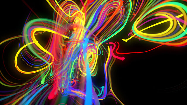 Abstract background glow lines or light streaks. Running lights particles form in 3d space glowing beautiful curved lines like ball of wires burning with neon light. Beautiful creative bg. 3d render