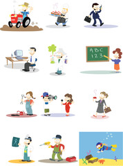A collection of vector characters in various professions.    Note: Backgrounds and colours can easily be edited if purchasing the vector version of this design.