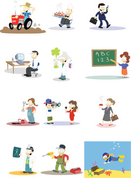 A collection of vector characters in various professions.    Note: Backgrounds and colours can easily be edited if purchasing the vector version of this design.