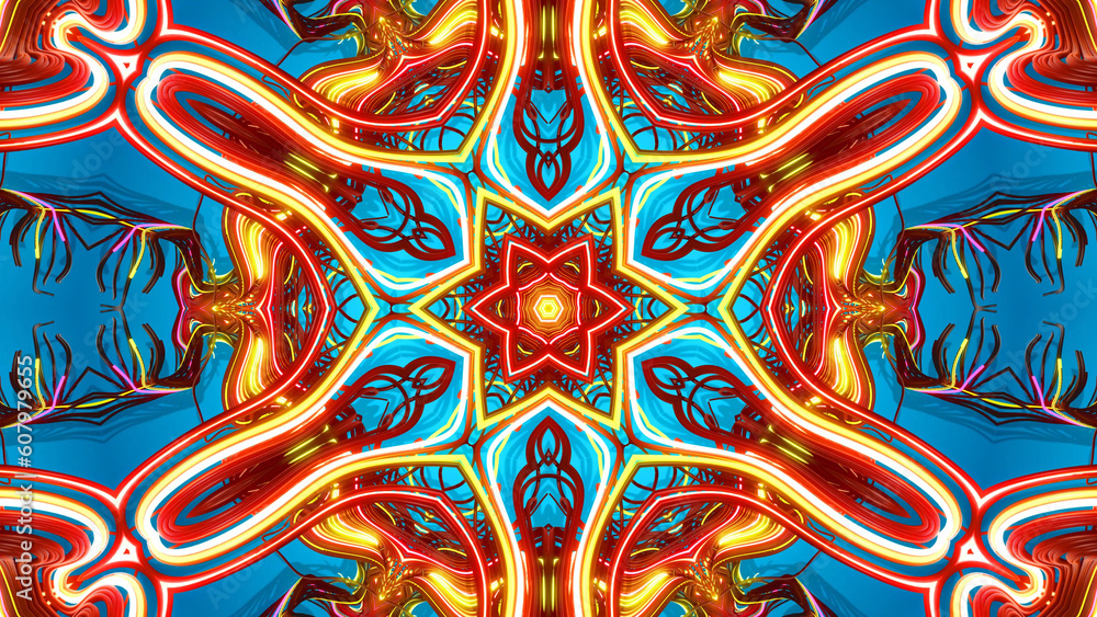 Poster kaleidoscope with red yellow neon flash ligts. abstract bg with flashing lines pattern like ornament