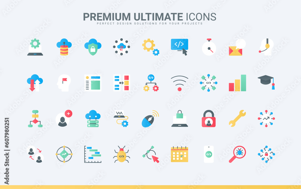 Aufkleber Maintenance of cloud service, data export, modify and synchronisation with server, antivirus programming. Support for computer software, program code trendy flat icons set vector illustration