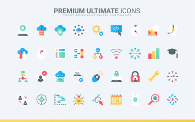 Maintenance of cloud service, data export, modify and synchronisation with server, antivirus programming. Support for computer software, program code trendy flat icons set vector illustration