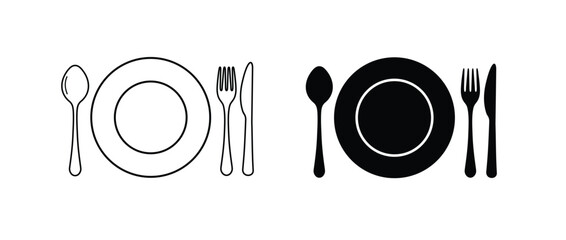 Fork, knife, spoon and plate set icons. Logotype menu. Plate with cutlery set knife spoon fork vector line art vector illustration. 