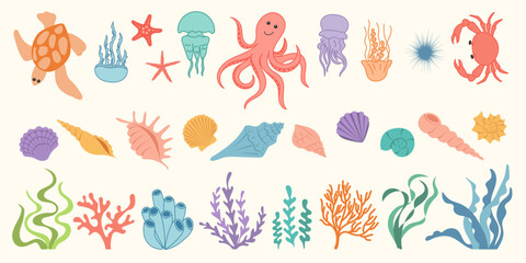 Big collection of underwater creatures. Cute colorful hand drawn marine animals, seaweed, seashells. Summer sea background with octopus, jellyfish, crab, star, turtle