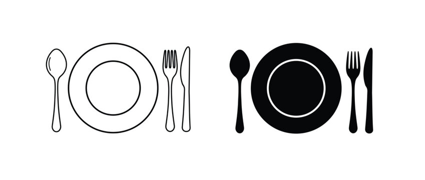 Fork, knife, spoon and plate set icons. Logotype menu. Plate with cutlery set knife spoon fork vector line art vector illustration. 