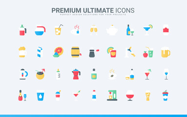 Restaurant and bar menu collection with mineral water, alcohol cocktails and fruit vitamin juice, hot coffee and tea, champagne and beer glass. Drinks trendy flat icons set vector illustration.
