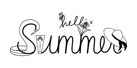 Hello Summer lettering. Inflatable swan, cream spf, beach hat, bee, butterfly, flower line elements. Cute vector illustration.