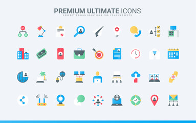 Online communication and collaboration of freelancers with remote locations, productivity and portfolio of resume. Freelance, work in home office trendy flat icons set vector illustration