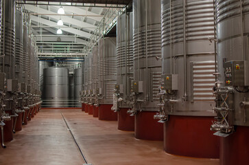 Wine fermentation plant in a winery in La Rioja - obrazy, fototapety, plakaty