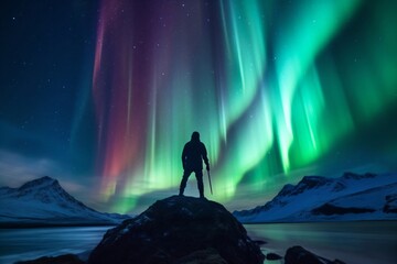 Fototapeta premium hiker stands on a rock and admires the northern lights created with Generative AI technology