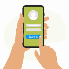 Sign in to online account on smartphone app. User interface. Secure login and password. Hand holding mobile smart phone with log in app. Vector illustration.