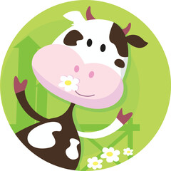 Vector illustration of funny cow on the meadow.