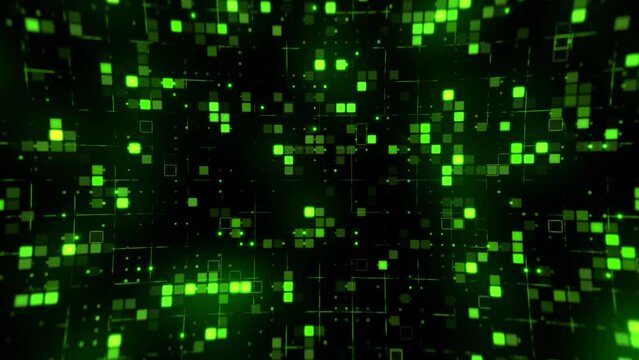 Technology animated abstract green background of moving dots representing technology and data exchanges. 4K seamless loop