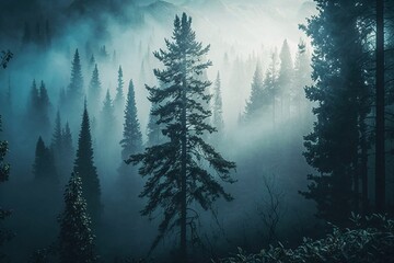 Fototapeta na wymiar lacy coniferous trees in a misty forest created with Generative AI technology