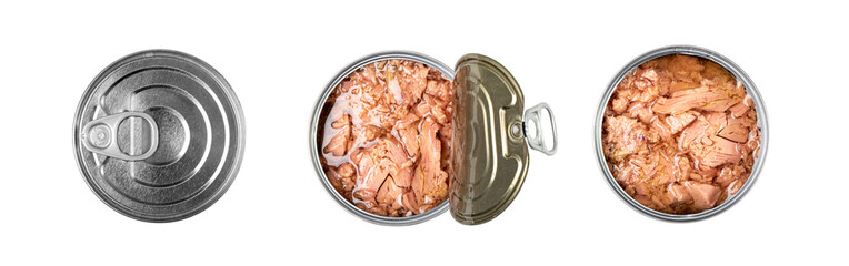 Canned Tuna Isolated, Albacore Fish Chunks in Open Tin Can, Tuna Oil Preserve, Seafood Conserve