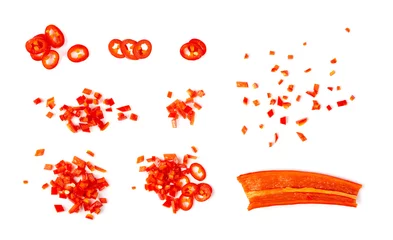 Fotobehang Chili Pepers Chopped Chili Peppers Cut Isolated, Fresh Spicy Chilli Pepper Pieces, Red Hot Chili Peppers Parts  © ange1011