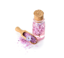 Bottle of cosmetic oil with beautiful lilac flowers and sea salt on white background