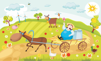 Obraz premium vector illustration of a colorful farm witn farm animals