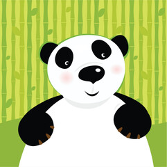 Stylized vector illustration of cute panda bear. Bamboo trees in background behind animal.
