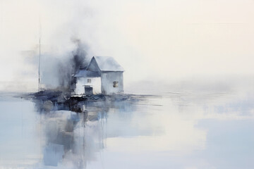 river, house, fog. AI generative