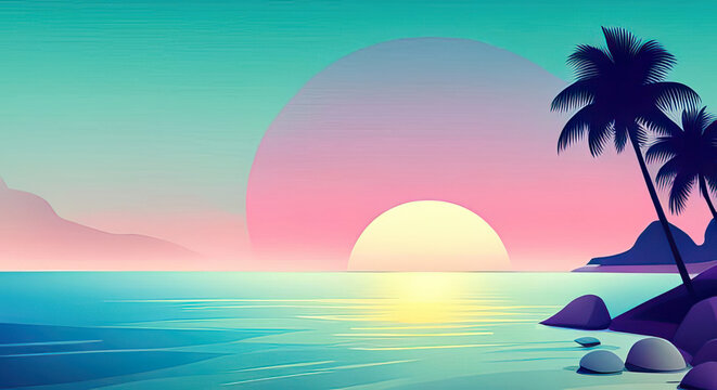 Abstract tropical beach sunset background in pink and blue with copy space generative ai illustration