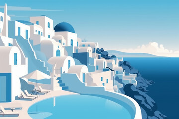 Obraz na płótnie Canvas Minimalist, flat design, poster, santorini landscape, stunning, summer, blue sea. AI generative