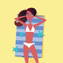 Brown hair and dark skin girl enjoys sun tan bed. Vector Illustration of sexy woman lying on summer beach.