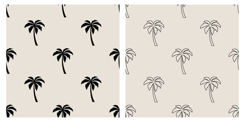 Vector Seamless Pattern with Palm Trees, Palm Tree Design Template, Print. Palm Silhouettes. Tropical, Vacation, Beach, Summer Concept. Vector Illustration. Front View