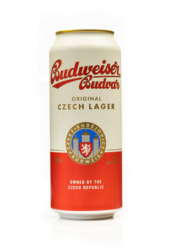 Budvar Budweiser Czech lager beer can isolated on white background