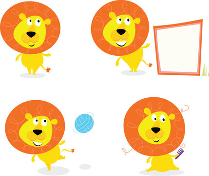 Vector cartoon illustration of cute safari lion character: single lion, lion with blank sign, lion with football ball and one with crazy hair style.