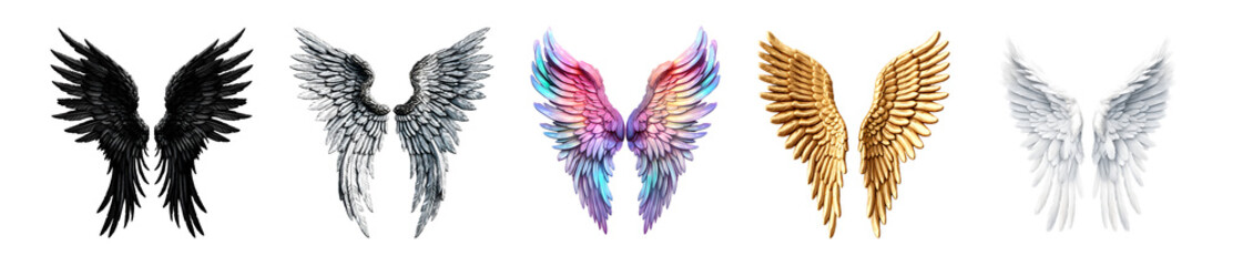 Fototapeta premium collection of different luxury wings on transparent background, black, white, silver, gold and colorful wings for your creativity isolated on white background, generative ai