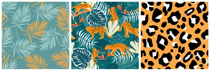 Set of seamless pattern with leopards in the jungle with palm trees and flowers, animal print. Predatory cats on a natural tropical print. Vector graphics. © Ирина Горбунова