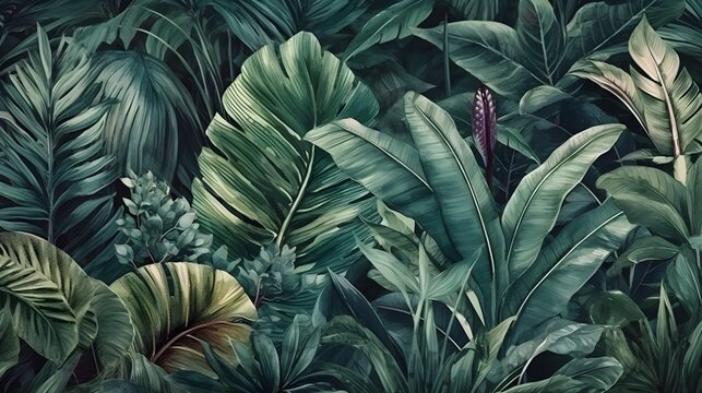 Tropical leaves in a jungle watercolour background © Darya
