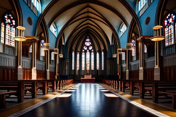 Fototapeta premium a church with stained glass windows and a light shining through the window panes on the floor and the walls and ceiling is dark and the light is shining