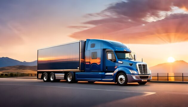 a blue semi truck driving down a road with mountains in the background at sunset or dawn with a bright sun shining on the truck's cab.
