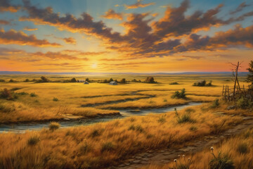 Fototapeta na wymiar A realistic painting of a prairie in the land of living skies. AI generative