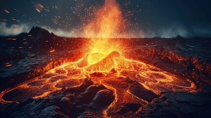 a lava flowing into a volcano. Generative AI Art. - 607985084