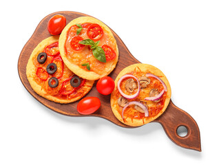 Board with different tasty mini pizzas on white background
