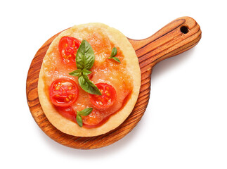 Board with tasty mini pizza on white background
