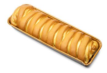 Dessert swirled golden color pastry roll filled in styrofoam pack isolated on white background