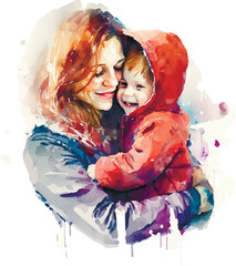 Mother and son mothers day watercolor white background
