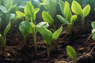 Close-up view of young plants sprouting from the soil, highlighting the chlorophyll-filled leaves and emphasizing sustainable and organic farming practices. Generative Ai
