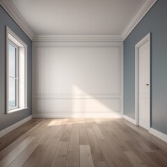 Empty room with blue walls and parquet floor. Baseboard, and molding on walls. Created with generative AI