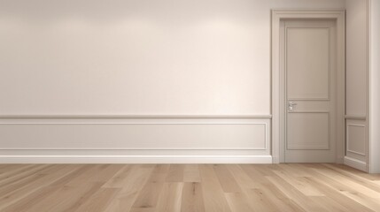 Empty room with white wall and wooden floor. 3D rendering minimalistic style. baseboard, paneling, modling. Created with generative AI