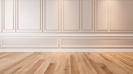 Interior of empty room with white walls and wooden floor. Baseboard and molding on walls. Created with generative AI
