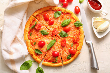 Tasty pizza margarita on white background