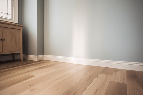 Interior of a room with a wooden floor and a white, grey wall. skirting and baseboard. Created with generative AI