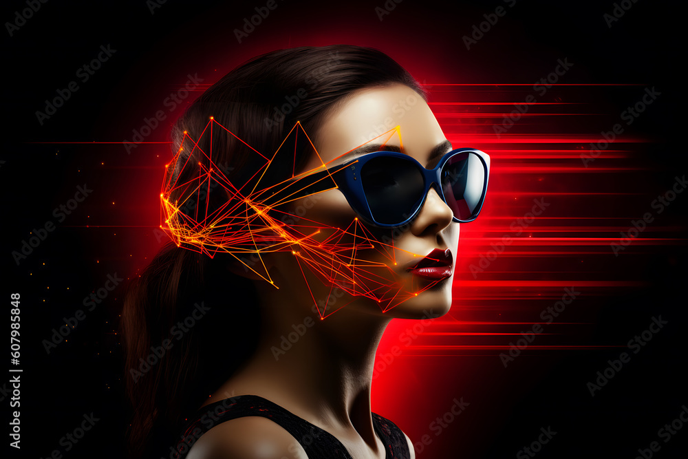 Wall mural neon portrait of a girl with glasses. Neural network AI generated art Generative AI