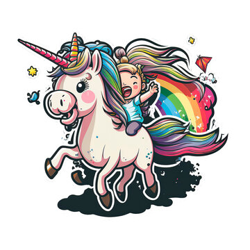 Unicornio Chica Y Arcoiris Cartoon